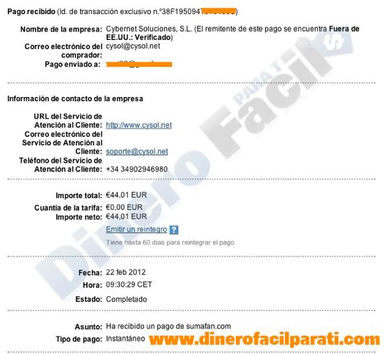 Lee más sobre el artículo Segundo pago de Sumafan (44€) – comprobante de pago ganado con Facebook.