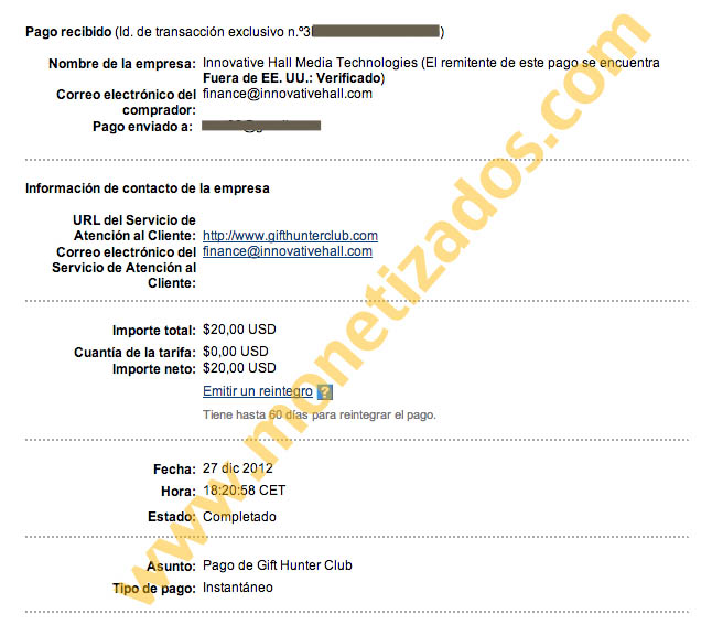 comprobante de pago de gifthunterclub