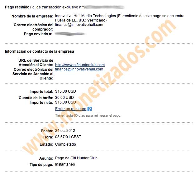 comprobante de pago de gift hunter club